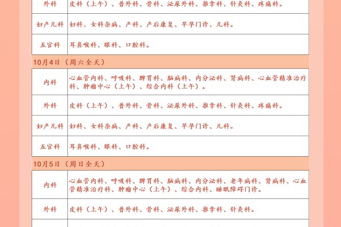 王府医院2025年国庆中秋节门诊临床各科室出诊安排